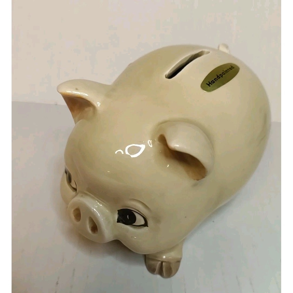 Vintage OMC Japan Piggy Bank Ceramic w/ Stopper HandPainted Glaze‎